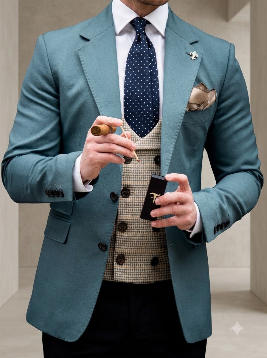 Custom Teal Suit with Waistcoat — made to measure by Sana Tailor, Jaipur