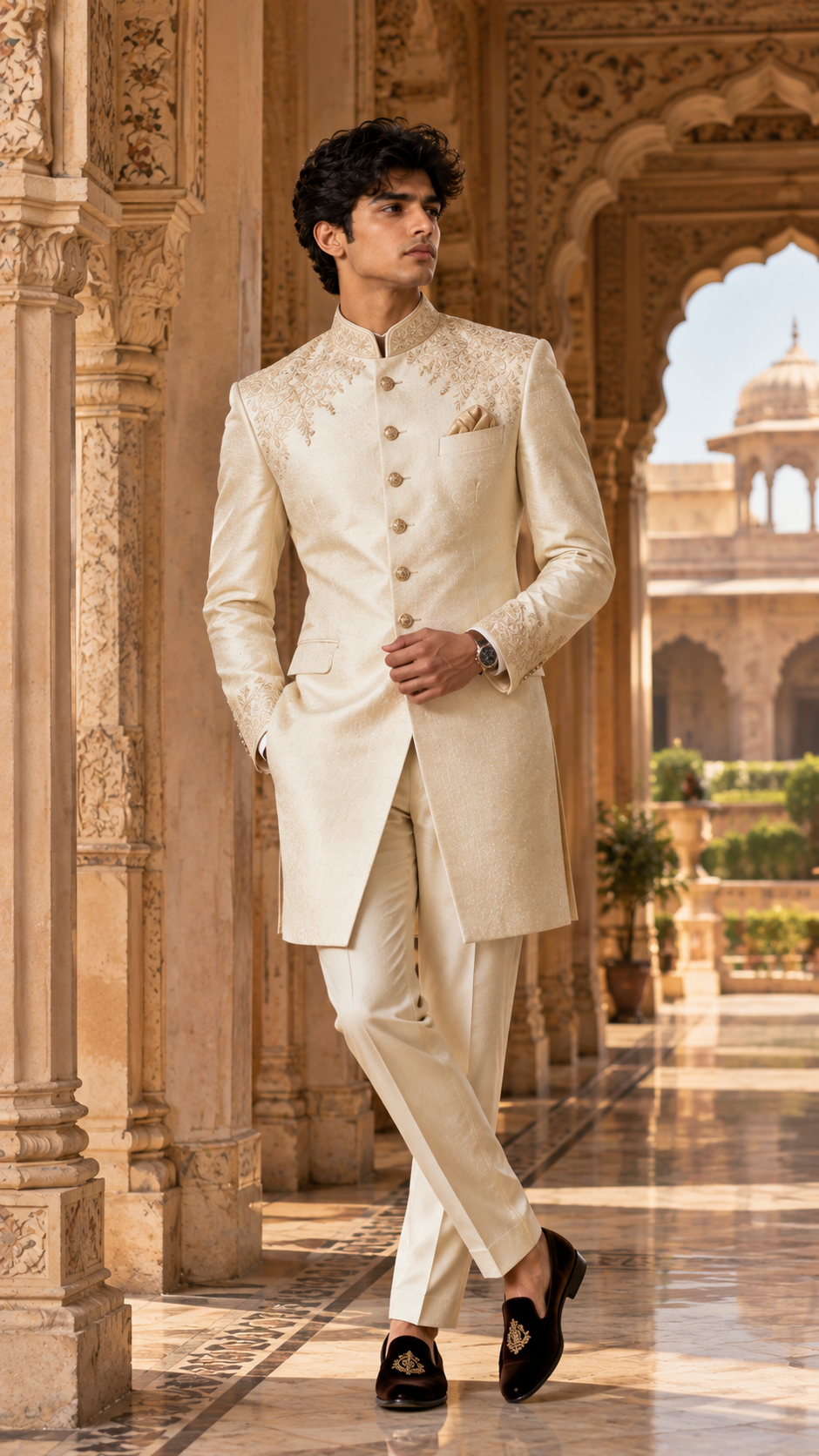 Ivory embroidered achkan made for a Jaipur celebration