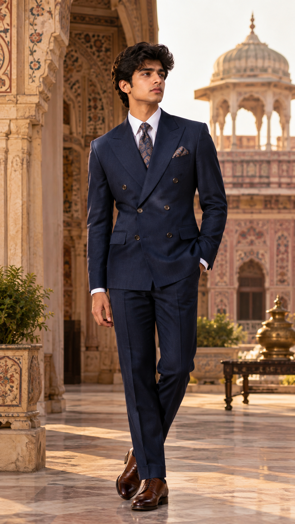 Royal navy double-breasted bespoke suit in Jaipur